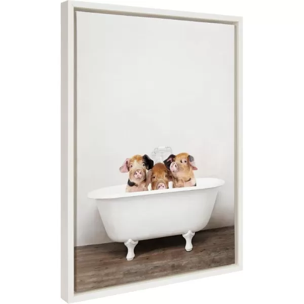 Kate and Laurel Sylvie Three Little Pigs in Vintage Bathtub Framed Canvas Wall Art by Amy Peterson 18x24 Natural Baby Animal Art for WallWhite