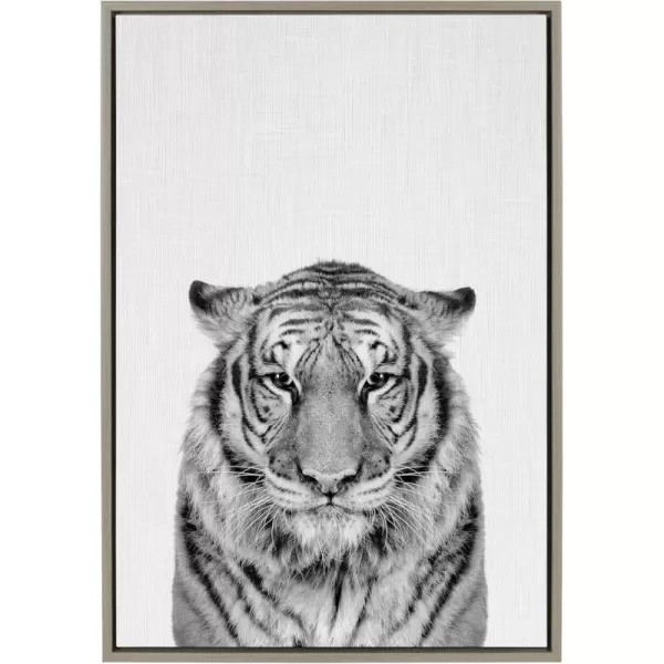 Kate and Laurel Sylvie Tiger Black and White Portrait Framed Canvas Wall Art by Simon Te Tai 18x24 GrayGray