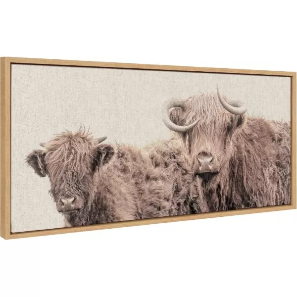 Kate and Laurel Sylvie Two Highland Cow Best Friends Color Neutral Linen Bright Framed Canvas Wall Art by The Creative Bunch Studio 18x40 Natural Wide Farm Animal Portrait Art for WallNatural