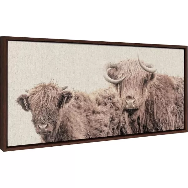 Kate and Laurel Sylvie Two Highland Cow Best Friends Color Neutral Linen Bright Framed Canvas Wall Art by The Creative Bunch Studio 18x40 Natural Wide Farm Animal Portrait Art for WallBrown