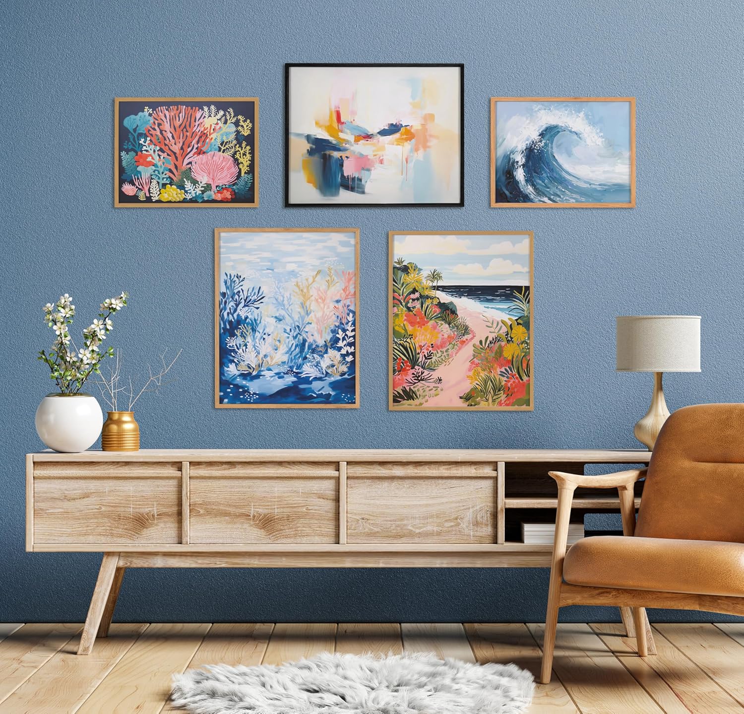 Kate and Laurel Abstract Coastal Blue Coral Framed Wall Art by The Creative Bunch Studio 12x16 Gold Modern Soft Beach Art for WallBlack  Bright Coral