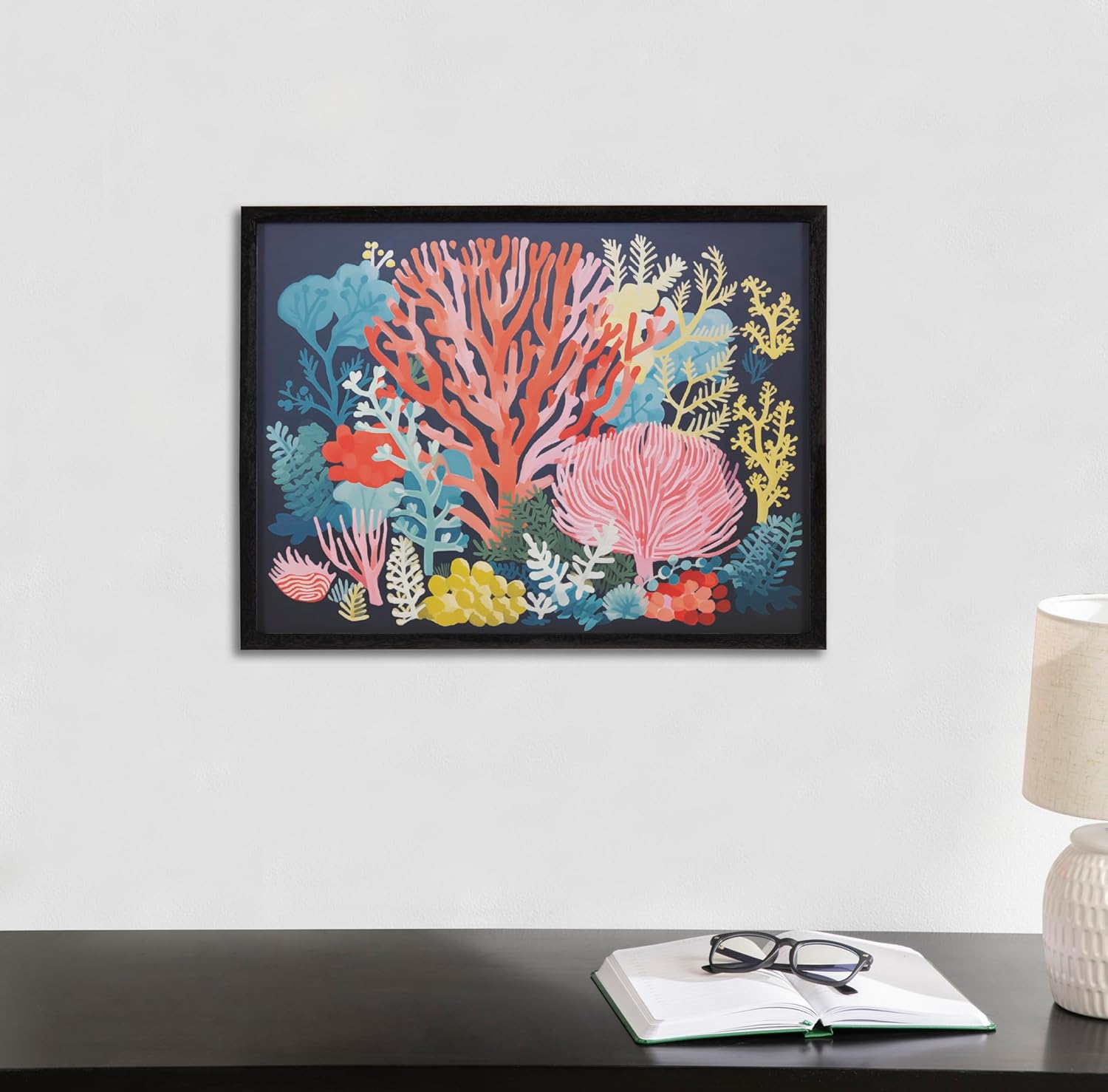 Kate and Laurel Abstract Coastal Blue Coral Framed Wall Art by The Creative Bunch Studio 12x16 Gold Modern Soft Beach Art for WallBlack  Bright Coral