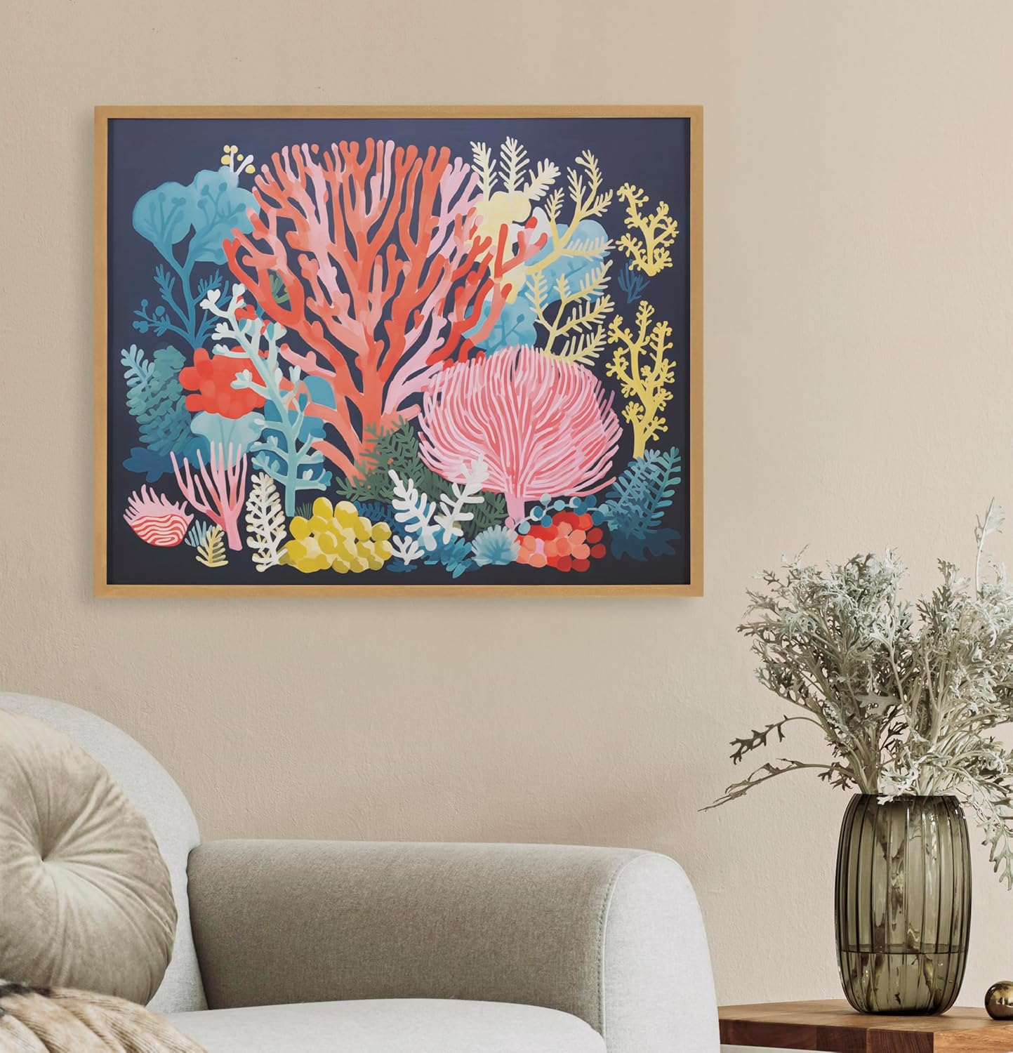 Kate and Laurel Abstract Coastal Blue Coral Framed Wall Art by The Creative Bunch Studio 12x16 Gold Modern Soft Beach Art for WallGold  Bright Coral