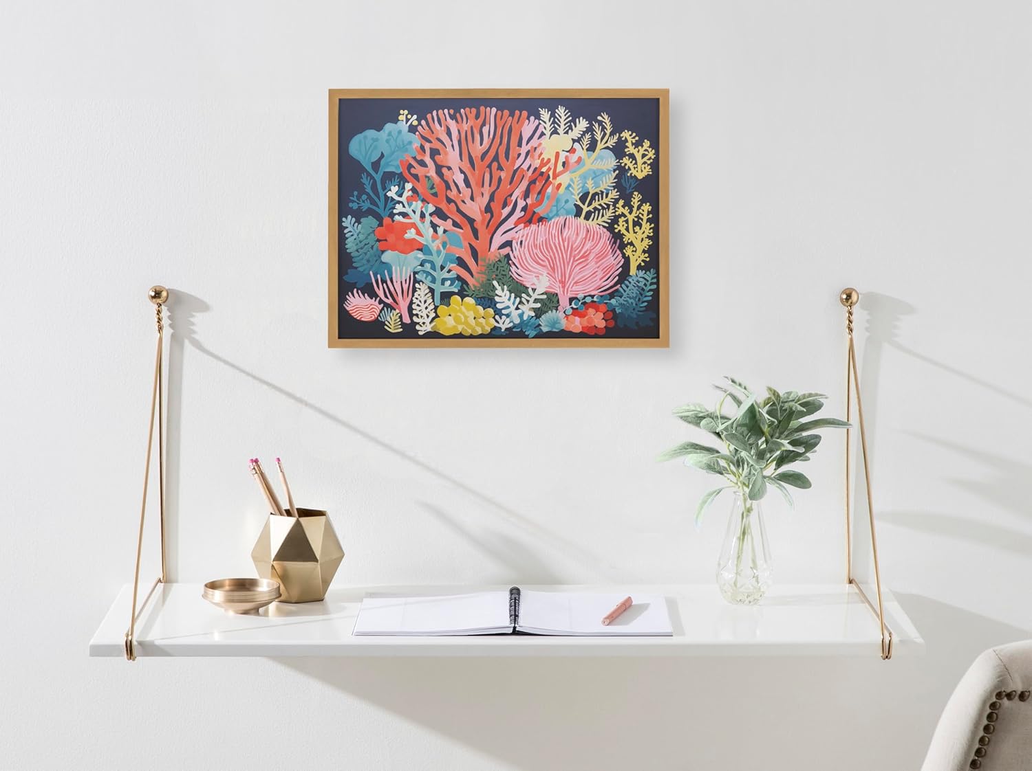 Kate and Laurel Abstract Coastal Blue Coral Framed Wall Art by The Creative Bunch Studio 12x16 Gold Modern Soft Beach Art for WallGold  Bright Coral
