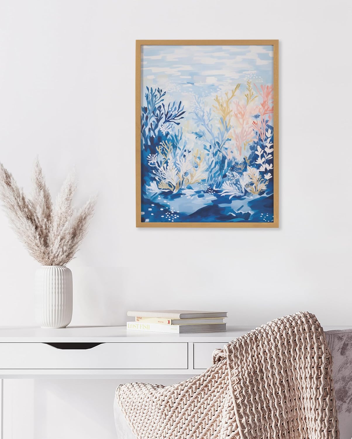 Kate and Laurel Abstract Coastal Blue Coral Framed Wall Art by The Creative Bunch Studio 12x16 Gold Modern Soft Beach Art for WallGold  Underwater