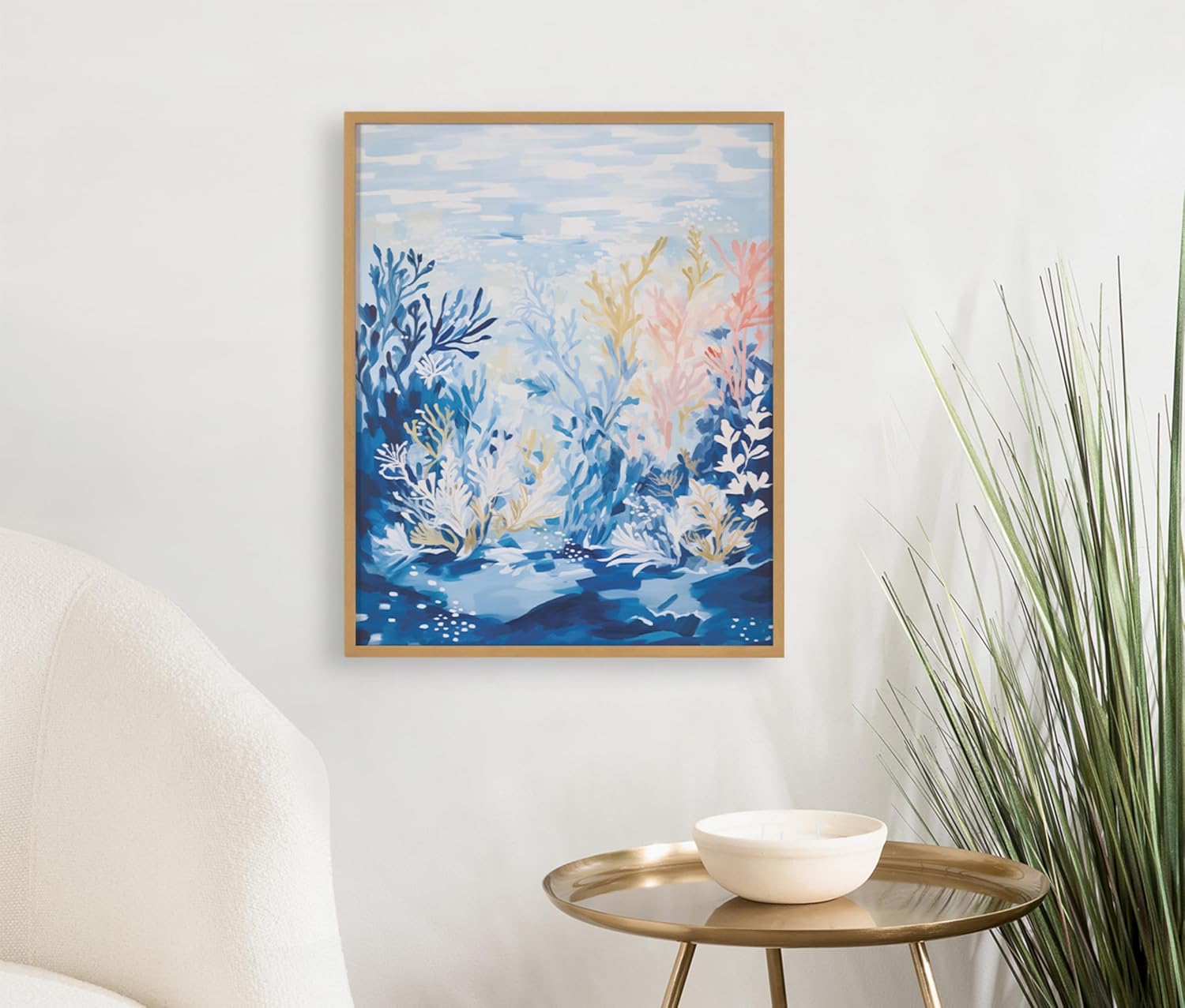 Kate and Laurel Abstract Coastal Blue Coral Framed Wall Art by The Creative Bunch Studio 12x16 Gold Modern Soft Beach Art for WallGold  Underwater
