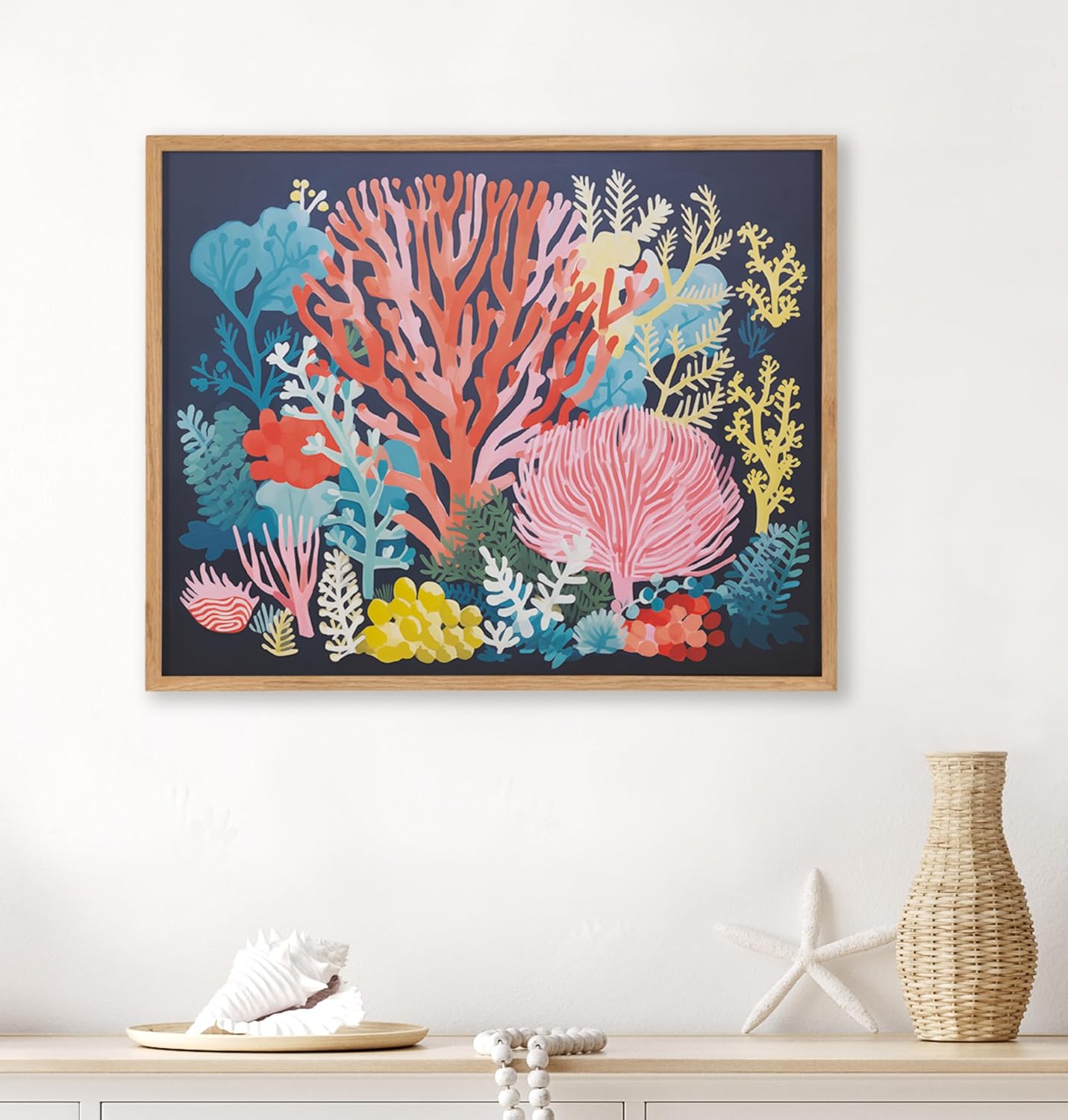 Kate and Laurel Abstract Coastal Blue Coral Framed Wall Art by The Creative Bunch Studio 12x16 Gold Modern Soft Beach Art for WallNatural  Bright Coral