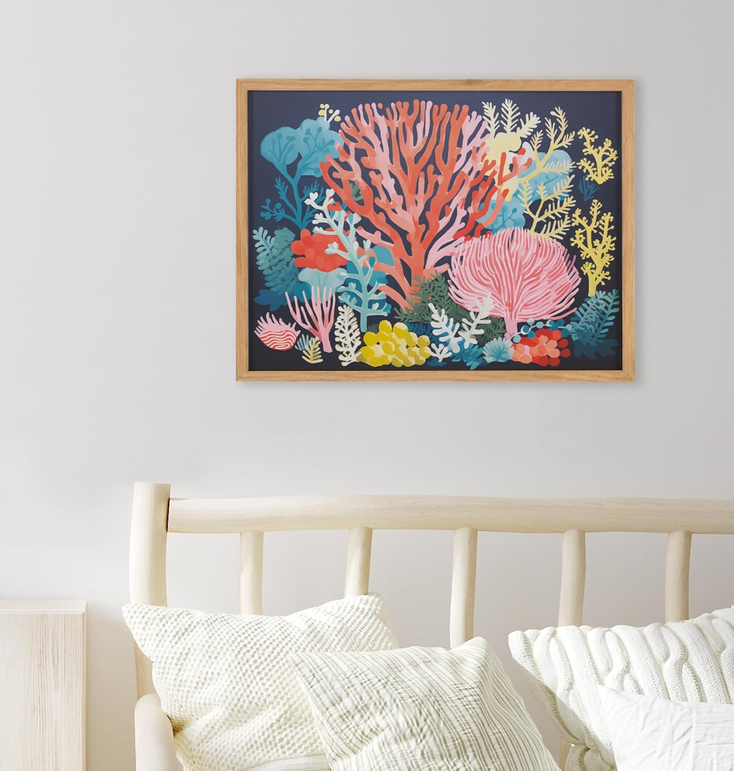 Kate and Laurel Abstract Coastal Blue Coral Framed Wall Art by The Creative Bunch Studio 12x16 Gold Modern Soft Beach Art for WallNatural  Bright Coral