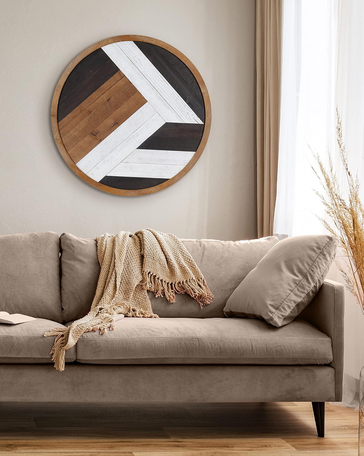 Kate and Laurel Ballez Boho Shiplap Wood Plank Art Plaque 28  Inch Diameter Multicolored Decorative Rustic Round Wooden Art for WallRustic BrownBlack