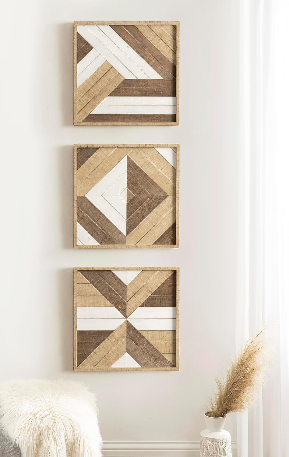 Kate and Laurel Ballez Coastal Geometric Wood Art Set Set of 3 Light Multicolored Decorative Pieced Wooden Plaque Collection for WallLight Brown