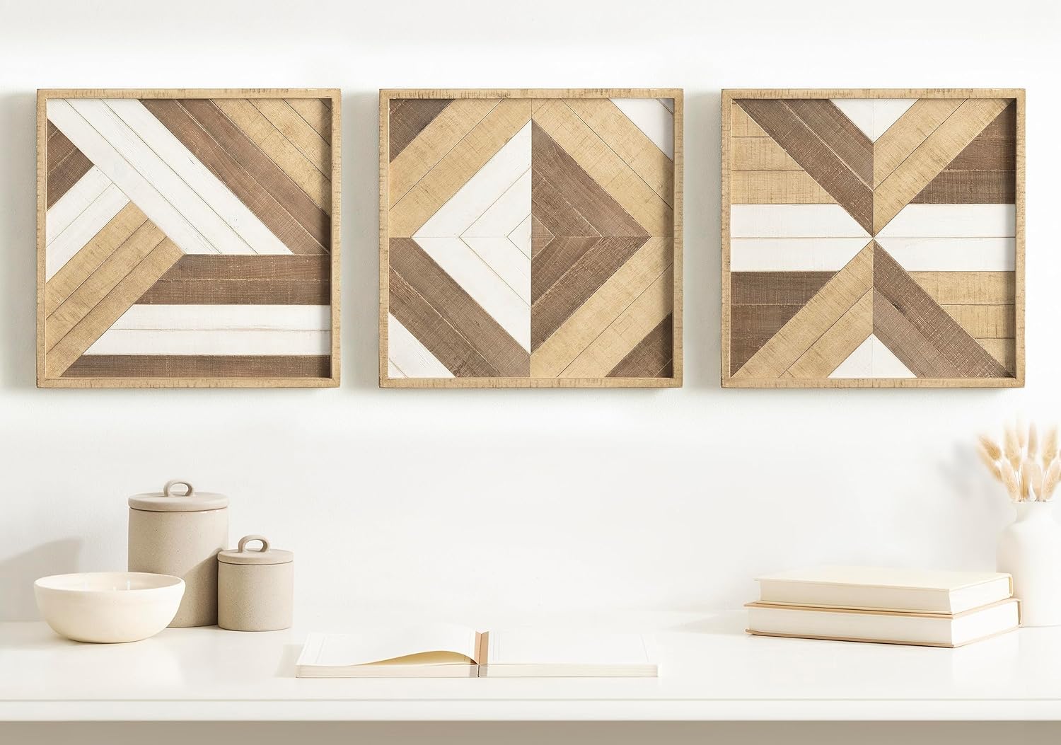 Kate and Laurel Ballez Coastal Geometric Wood Art Set Set of 3 Light Multicolored Decorative Pieced Wooden Plaque Collection for WallLight Brown