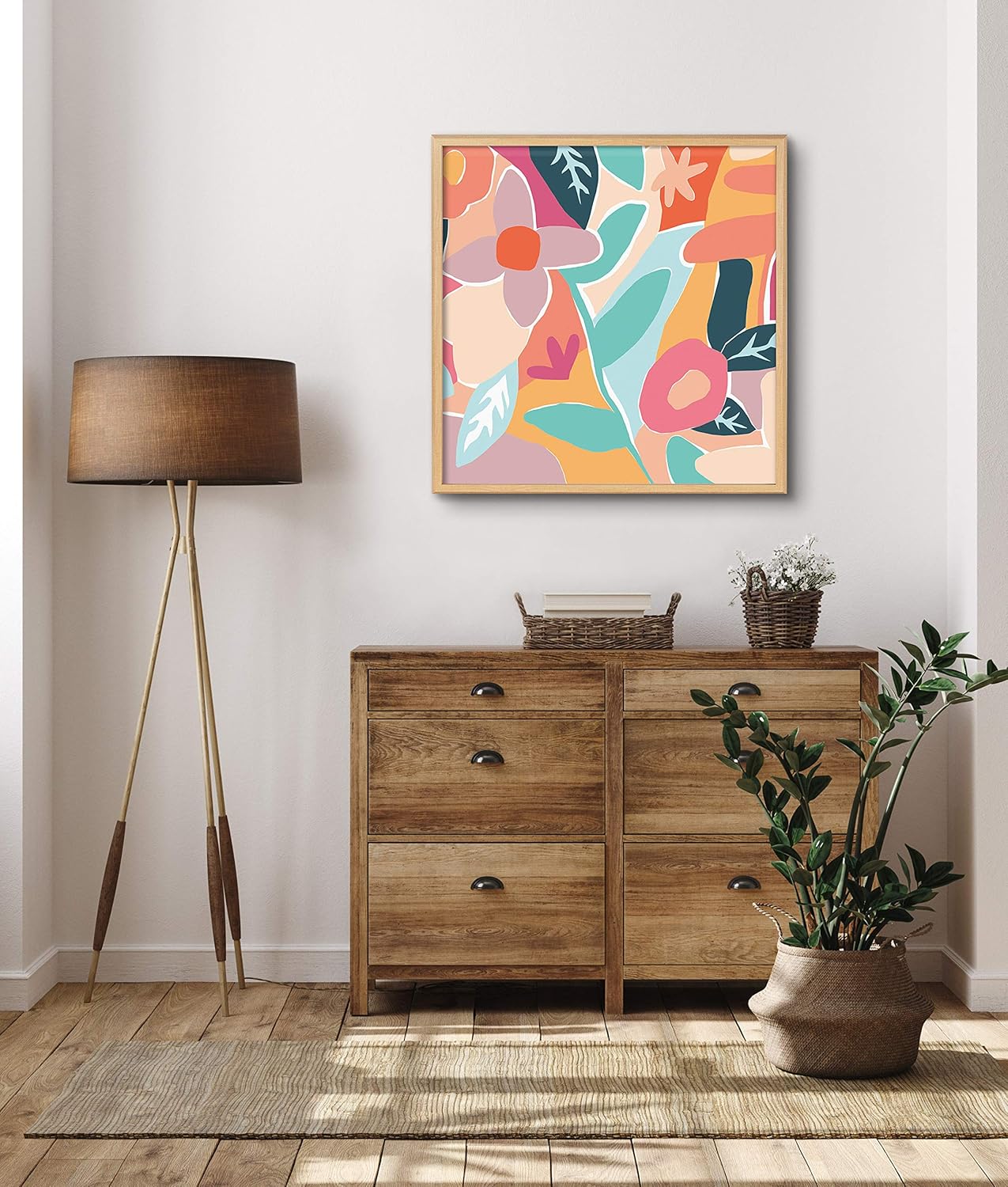 Kate and Laurel Blake Peace Love Flowers Framed Printed Acrylic Wall Art by Kate Aurelia Holloway 24x24 Natural Colorful Floral Art for Wall
