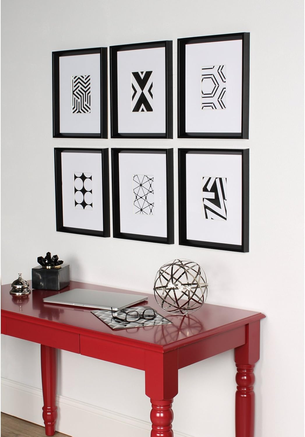 Kate and Laurel Calter 6 Framed Modern Black and White Geometric Abstract Art Prints BlackBlack