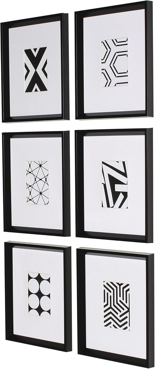 Kate and Laurel Calter 6 Framed Modern Black and White Geometric Abstract Art Prints BlackBlack