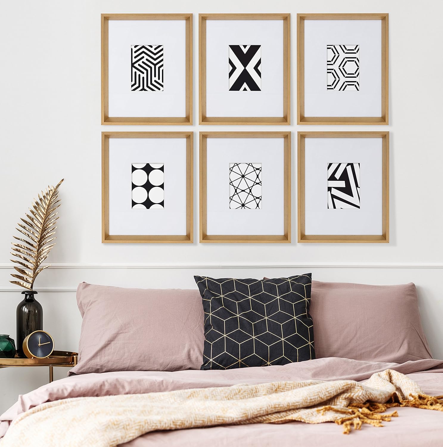 Kate and Laurel Calter 6 Framed Modern Black and White Geometric Abstract Art Prints BlackGold