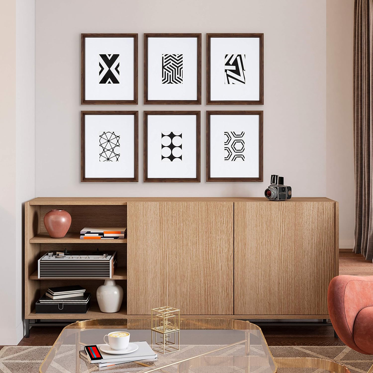 Kate and Laurel Calter 6 Framed Modern Black and White Geometric Abstract Art Prints BlackWalnut Brown