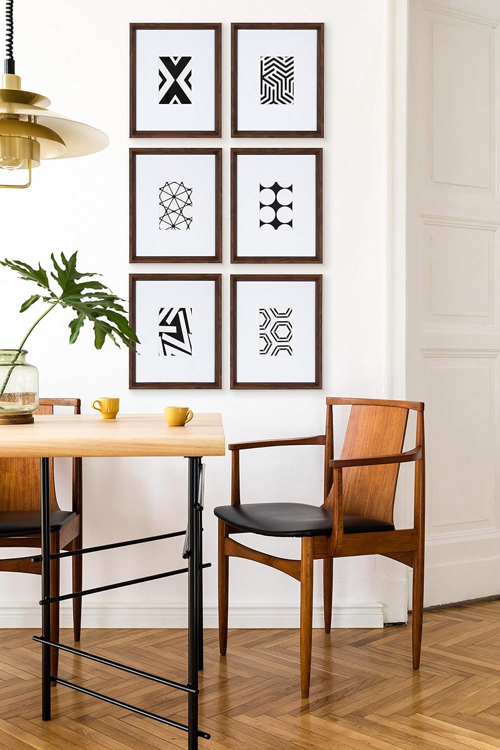 Kate and Laurel Calter 6 Framed Modern Black and White Geometric Abstract Art Prints BlackWalnut Brown