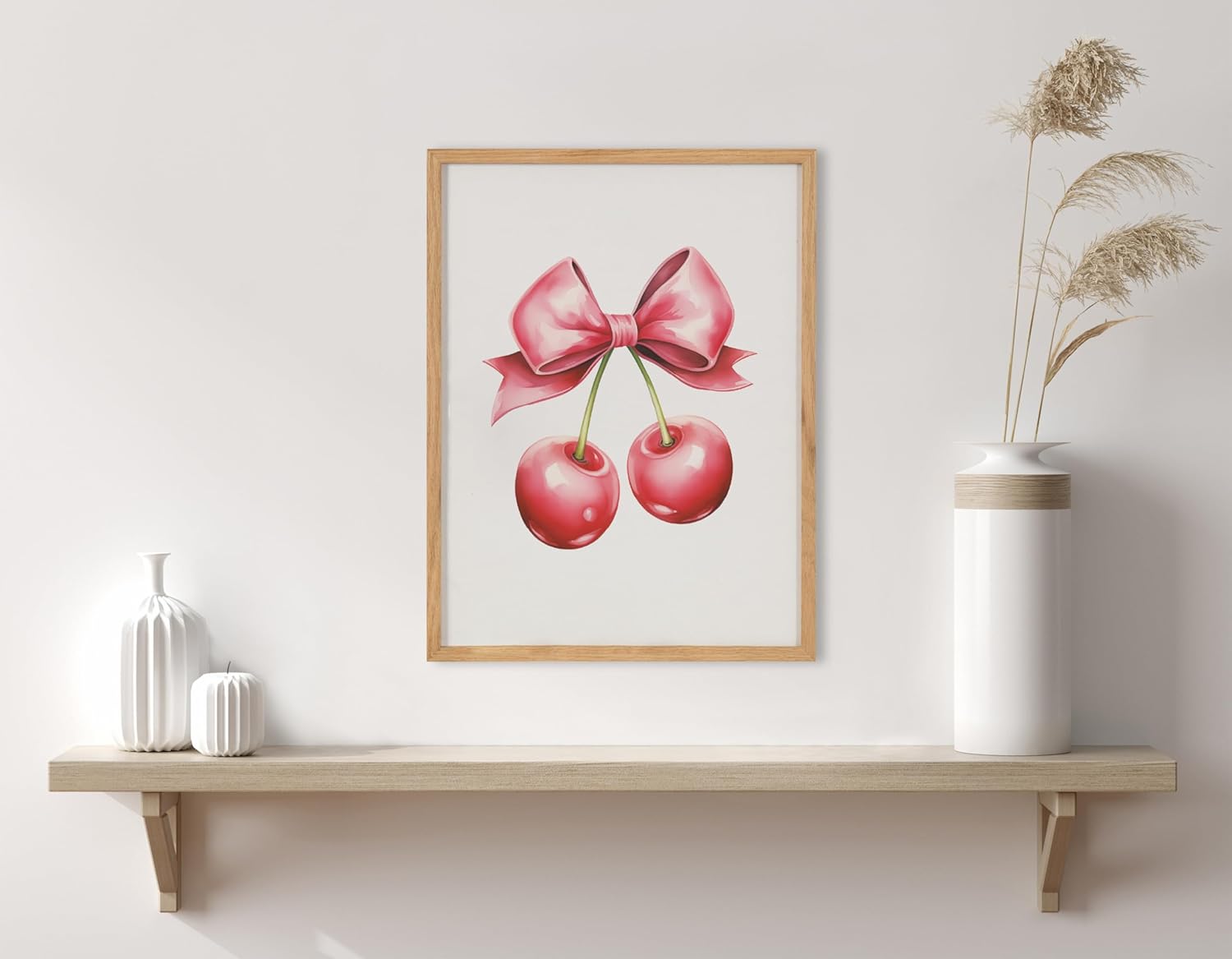 Kate and Laurel Coquette Preppy Retro Girly Red Pink Bow Cherries Framed Wall Art by The Creative Bunch Studio 12x16 Gold Cute Hair Bow Art for WallNatural  Red Bows