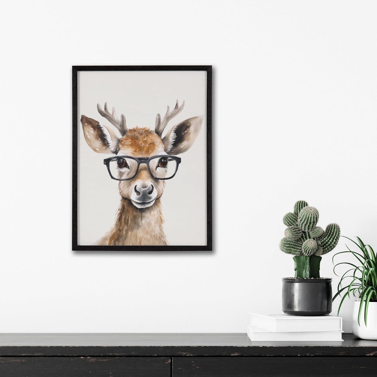 Kate and Laurel Cute Deer Wearing Glasses Framed Wall Art by The Creative Bunch Studio 12x16 Black Adorable Animal Art for WallBlack  Deer Glasses