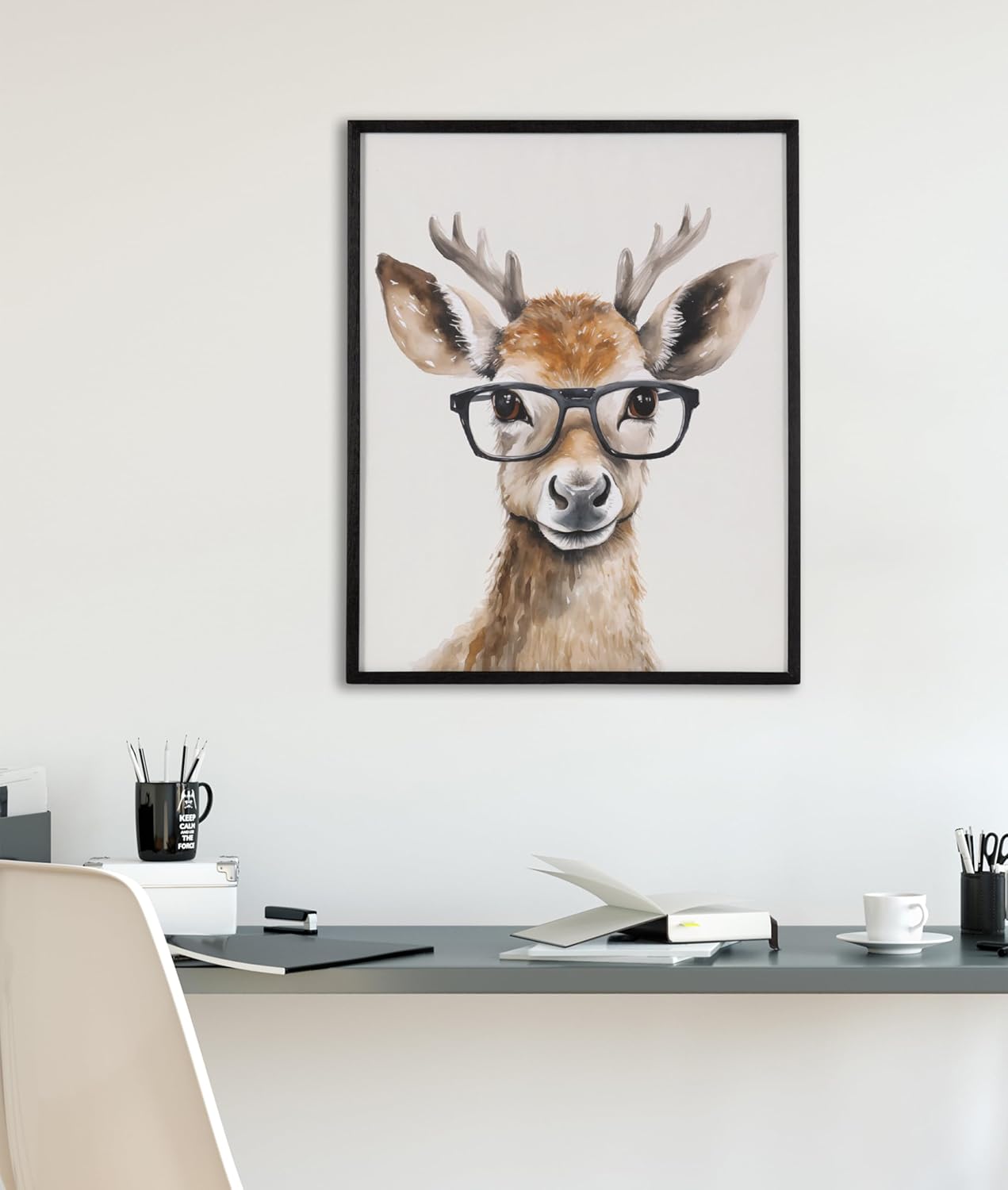 Kate and Laurel Cute Deer Wearing Glasses Framed Wall Art by The Creative Bunch Studio 12x16 Black Adorable Animal Art for WallBlack  Deer Glasses