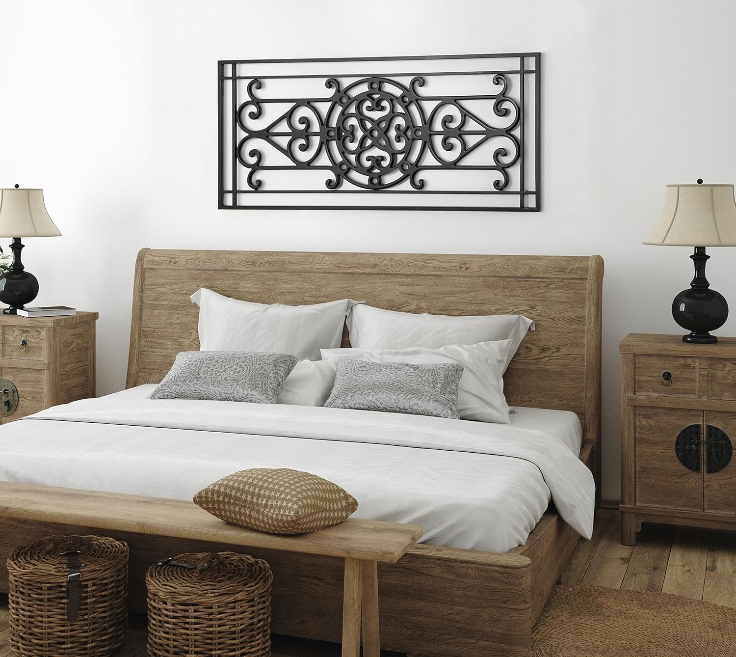 Kate and Laurel Ellard Farmhouse Rectangle Wall Art Plaque 20 x 44 Black Traditional Panel Decorative Wall Plaque with Ornate Painted Wooden Scrollwork and Sturdy Metal Frame