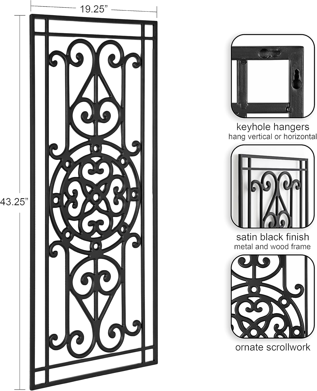 Kate and Laurel Ellard Farmhouse Rectangle Wall Art Plaque 20 x 44 Black Traditional Panel Decorative Wall Plaque with Ornate Painted Wooden Scrollwork and Sturdy Metal Frame