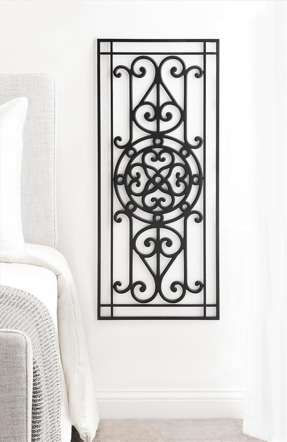 Kate and Laurel Ellard Farmhouse Rectangle Wall Art Plaque 20 x 44 Black Traditional Panel Decorative Wall Plaque with Ornate Painted Wooden Scrollwork and Sturdy Metal Frame