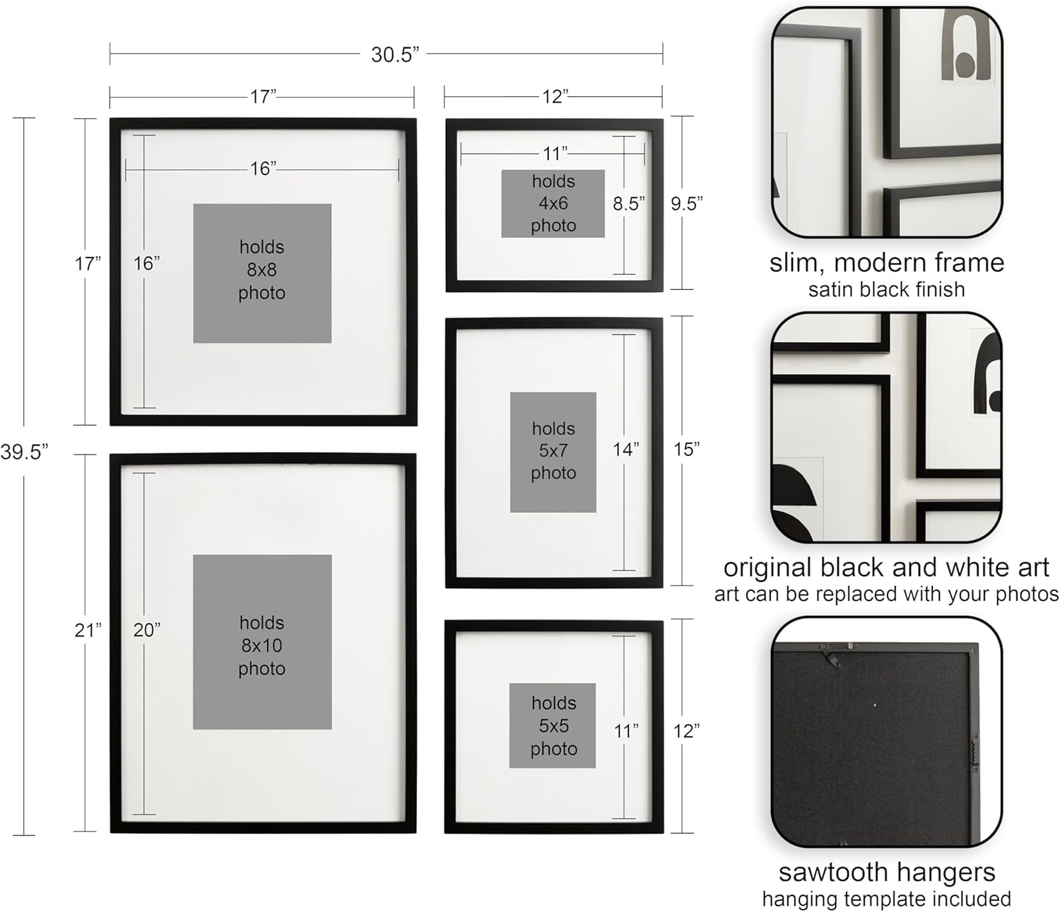 Kate and Laurel Gallery Contemporary Rectangle Minimal Graphic Framed Art Set of 5 Varying Sizes Black Modern FivePiece Framed Wall Art for Gallery Wall Frame Set in Living Room Wall DecorBlack