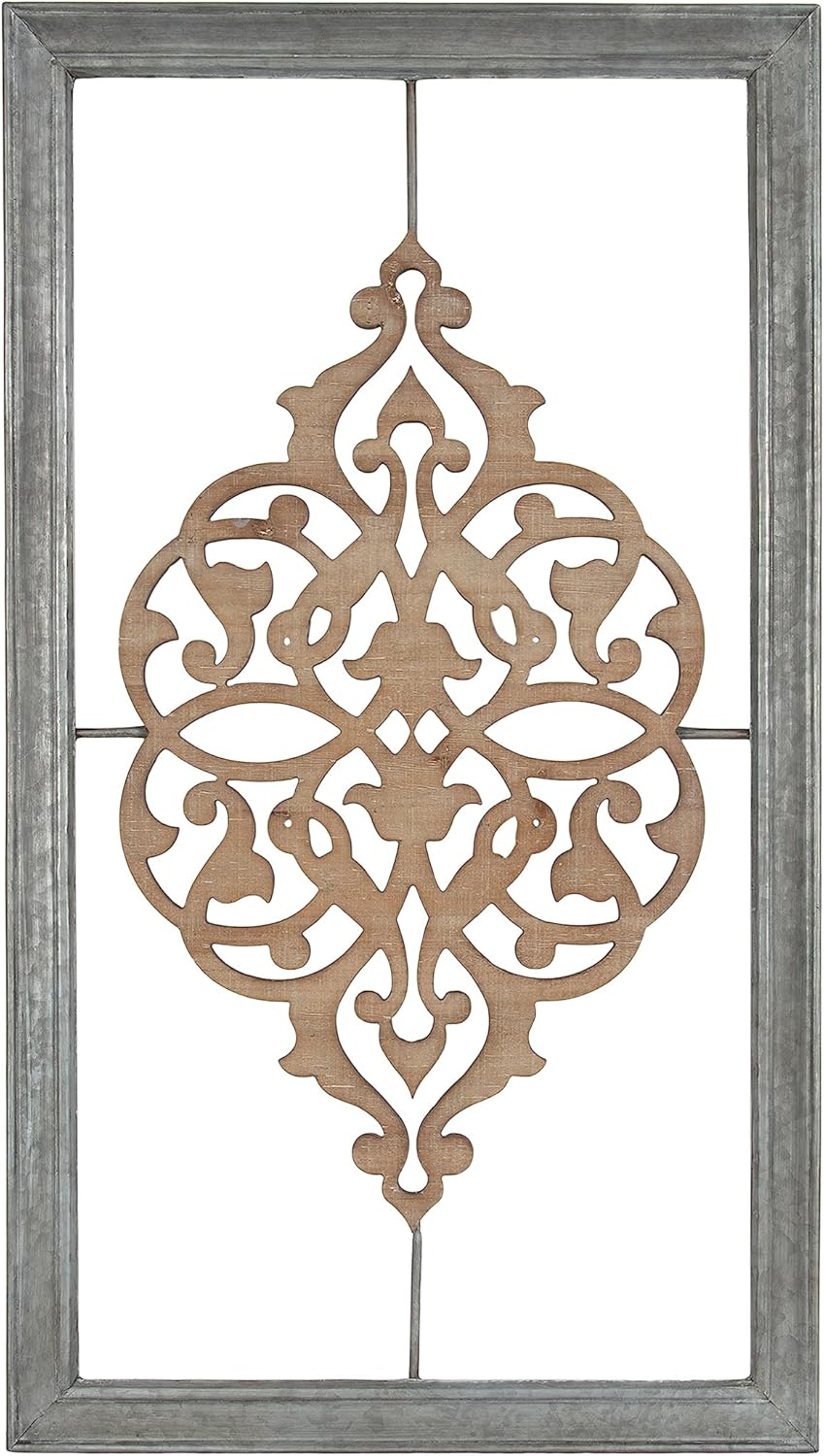 Kate and Laurel Headlow Rectangle Mixed Materials Wall Art Plaque with Carved Wooden Design and Galvanized Metal Frame 19x34 Rustic Brown