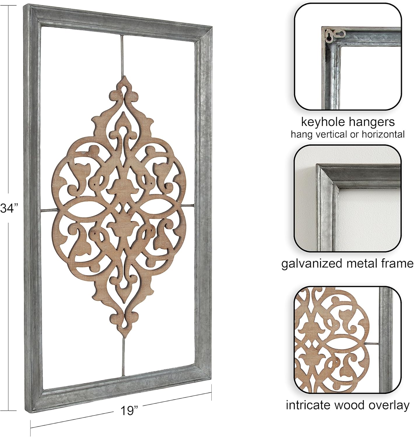 Kate and Laurel Headlow Rectangle Mixed Materials Wall Art Plaque with Carved Wooden Design and Galvanized Metal Frame 19x34 Rustic Brown