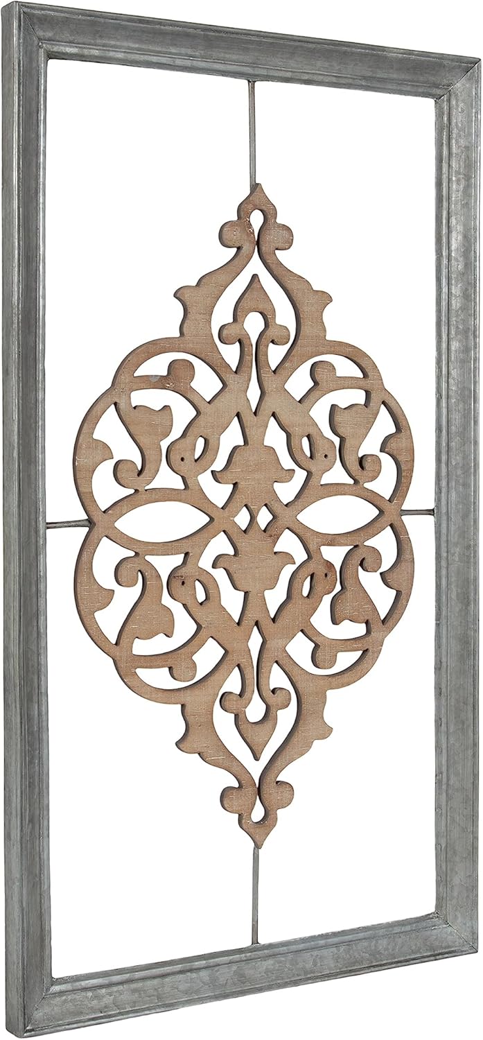 Kate and Laurel Headlow Rectangle Mixed Materials Wall Art Plaque with Carved Wooden Design and Galvanized Metal Frame 19x34 Rustic Brown