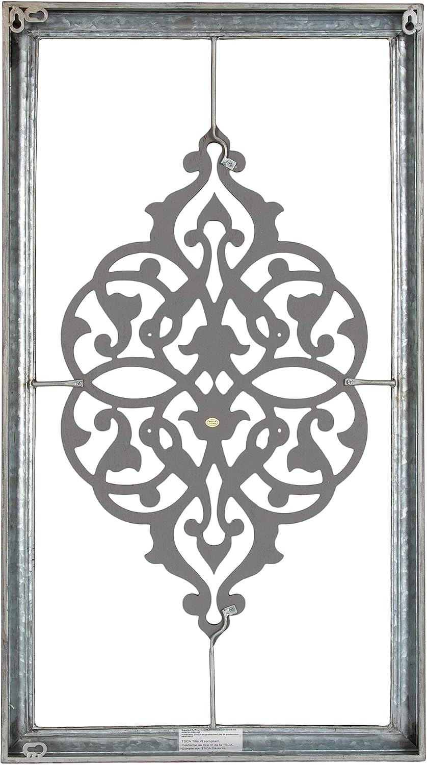 Kate and Laurel Headlow Rectangle Mixed Materials Wall Art Plaque with Carved Wooden Design and Galvanized Metal Frame 19x34 Rustic Brown