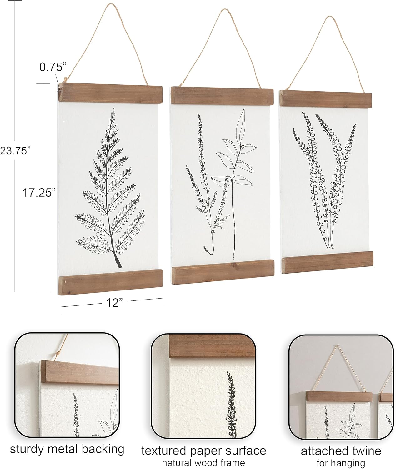 Kate and Laurel Lory Decorative Farmhouse ThreePiece Botanical Wall Art Plaque Set with Textured Paper Prints 3 pc 12quot Rustic Brown 3 Count
