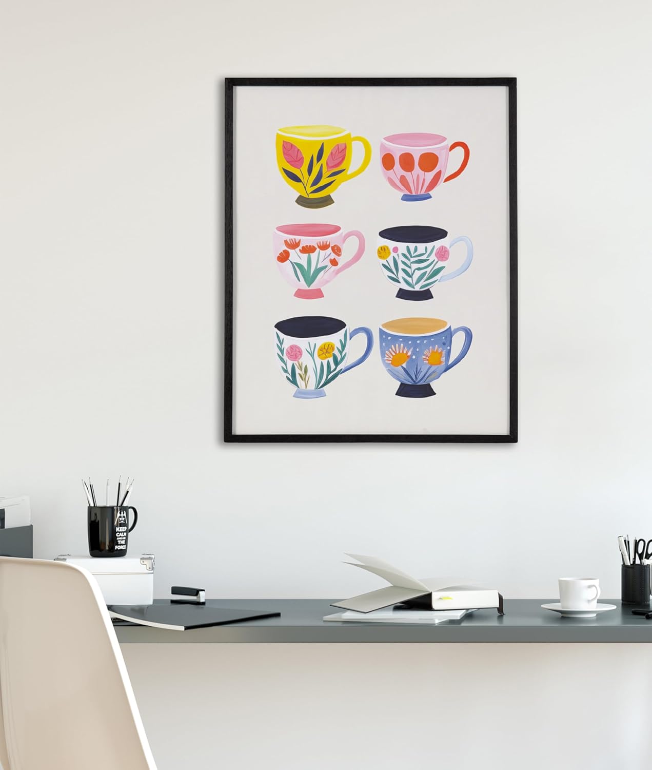 Kate and Laurel Modern Muted Cottage Floral Abstract Framed Wall Art by The Creative Bunch Studio 16x20 Black Cute Flower Art for WallBlack  Cups