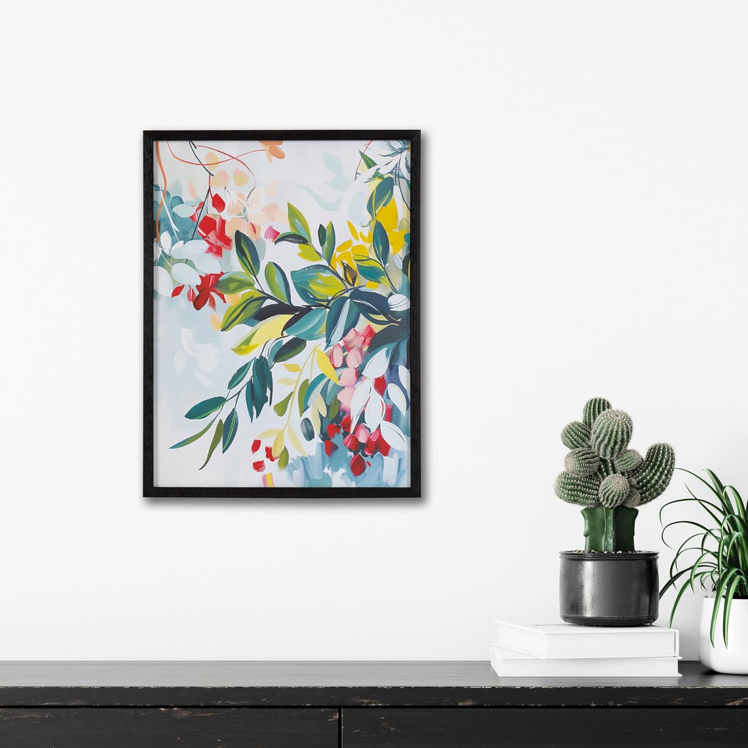 Kate and Laurel Modern Muted Cottage Floral Abstract Framed Wall Art by The Creative Bunch Studio 16x20 Black Cute Flower Art for WallBlack  Jewel Tone