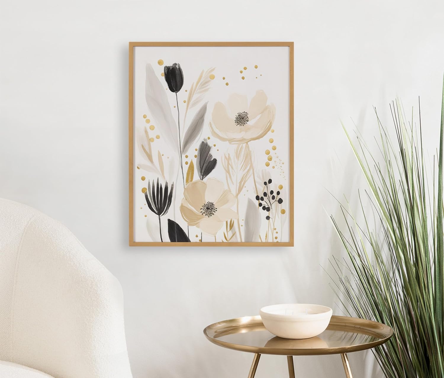 Kate and Laurel Modern Muted Cottage Floral Abstract Framed Wall Art by The Creative Bunch Studio 16x20 Black Cute Flower Art for WallGold  Cottage Floral