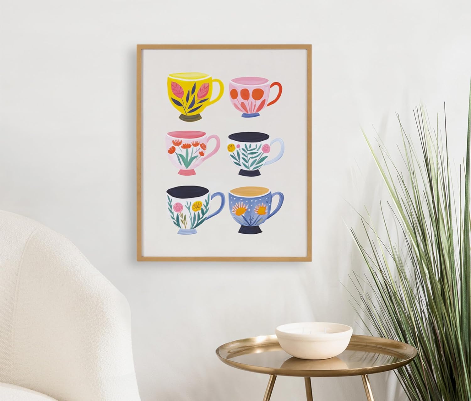 Kate and Laurel Modern Muted Cottage Floral Abstract Framed Wall Art by The Creative Bunch Studio 16x20 Black Cute Flower Art for WallGold  Cups