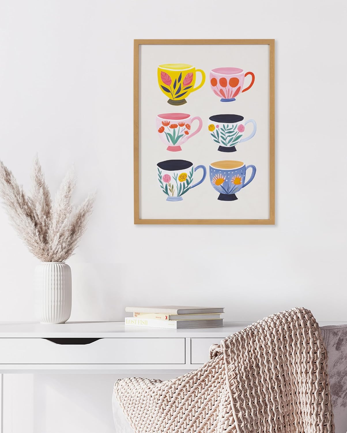 Kate and Laurel Modern Muted Cottage Floral Abstract Framed Wall Art by The Creative Bunch Studio 16x20 Black Cute Flower Art for WallGold  Cups