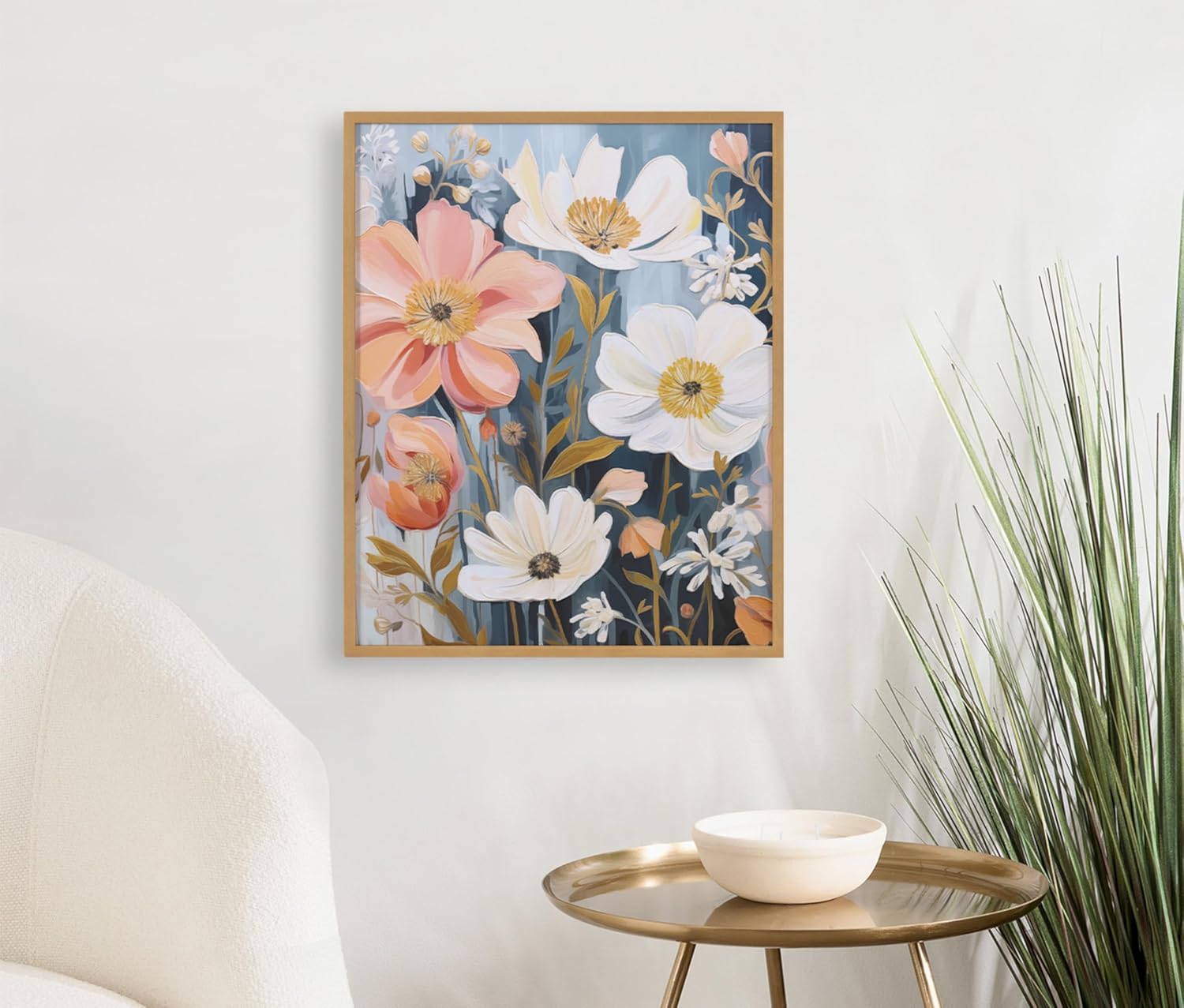 Kate and Laurel Modern Muted Cottage Floral Abstract Framed Wall Art by The Creative Bunch Studio 16x20 Black Cute Flower Art for WallGold