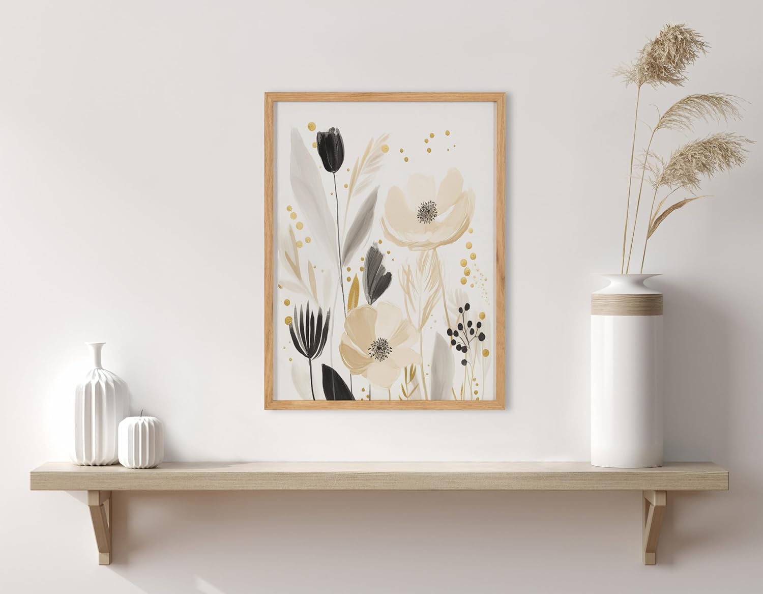 Kate and Laurel Modern Muted Cottage Floral Abstract Framed Wall Art by The Creative Bunch Studio 16x20 Black Cute Flower Art for WallNatural  Cottage Floral