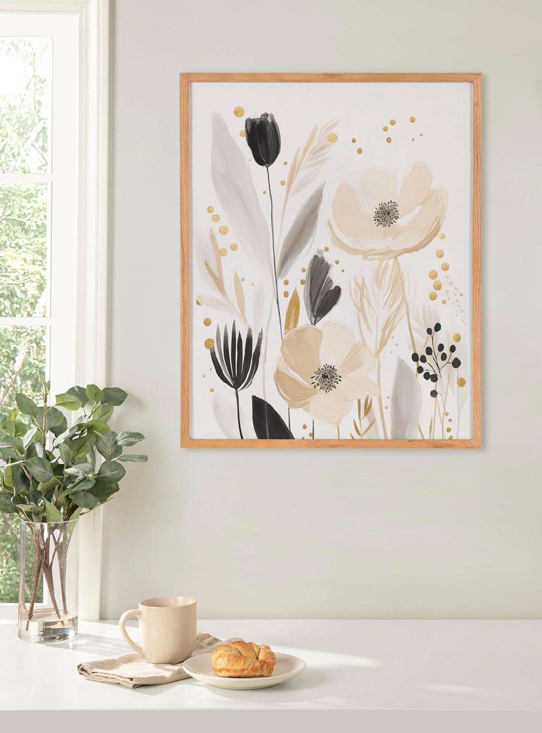 Kate and Laurel Modern Muted Cottage Floral Abstract Framed Wall Art by The Creative Bunch Studio 16x20 Black Cute Flower Art for WallNatural  Cottage Floral