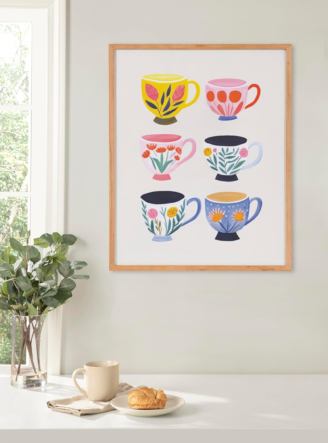 Kate and Laurel Modern Muted Cottage Floral Abstract Framed Wall Art by The Creative Bunch Studio 16x20 Black Cute Flower Art for WallNatural  Cups