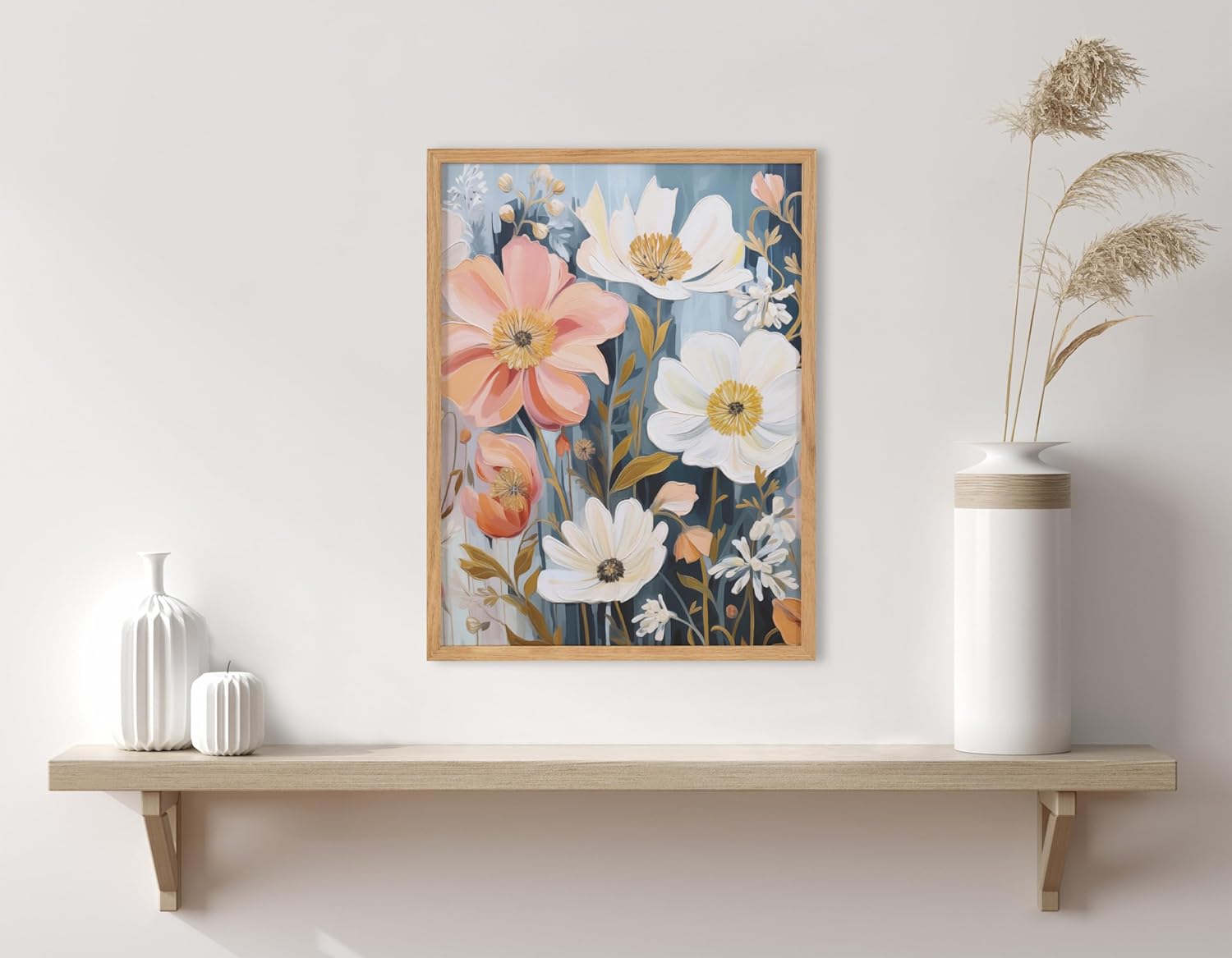 Kate and Laurel Modern Muted Cottage Floral Abstract Framed Wall Art by The Creative Bunch Studio 16x20 Black Cute Flower Art for WallNatural  Muted Neutrals
