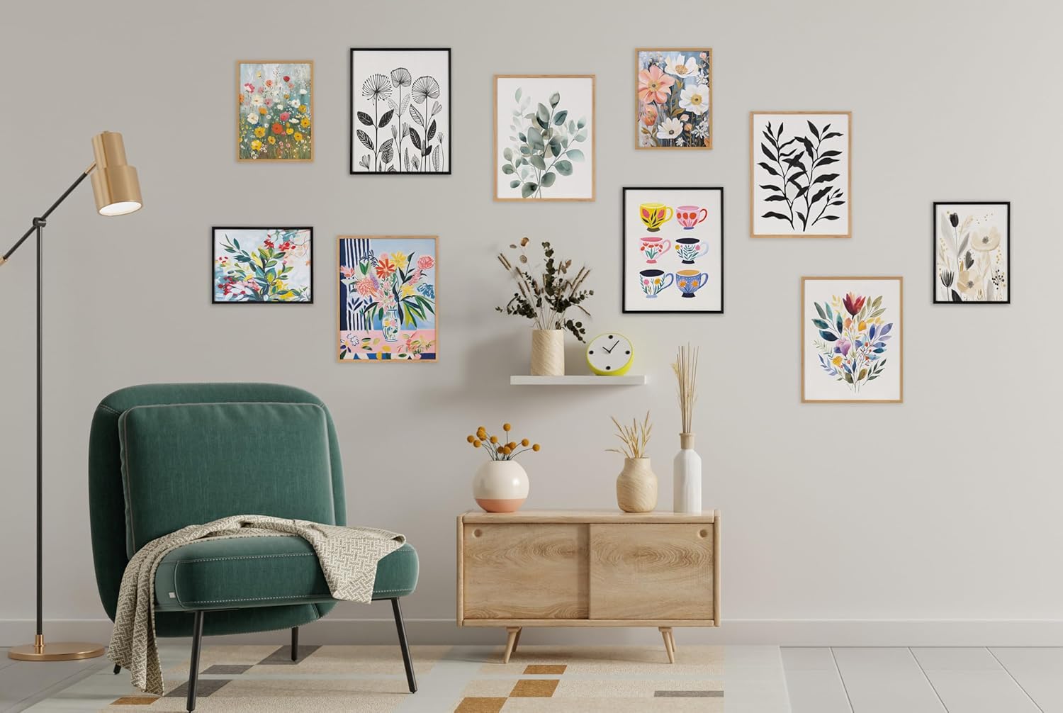 Kate and Laurel Modern Muted Cottage Floral Abstract Framed Wall Art by The Creative Bunch Studio 16x20 Black Cute Flower Art for WallNatural  Muted Neutrals