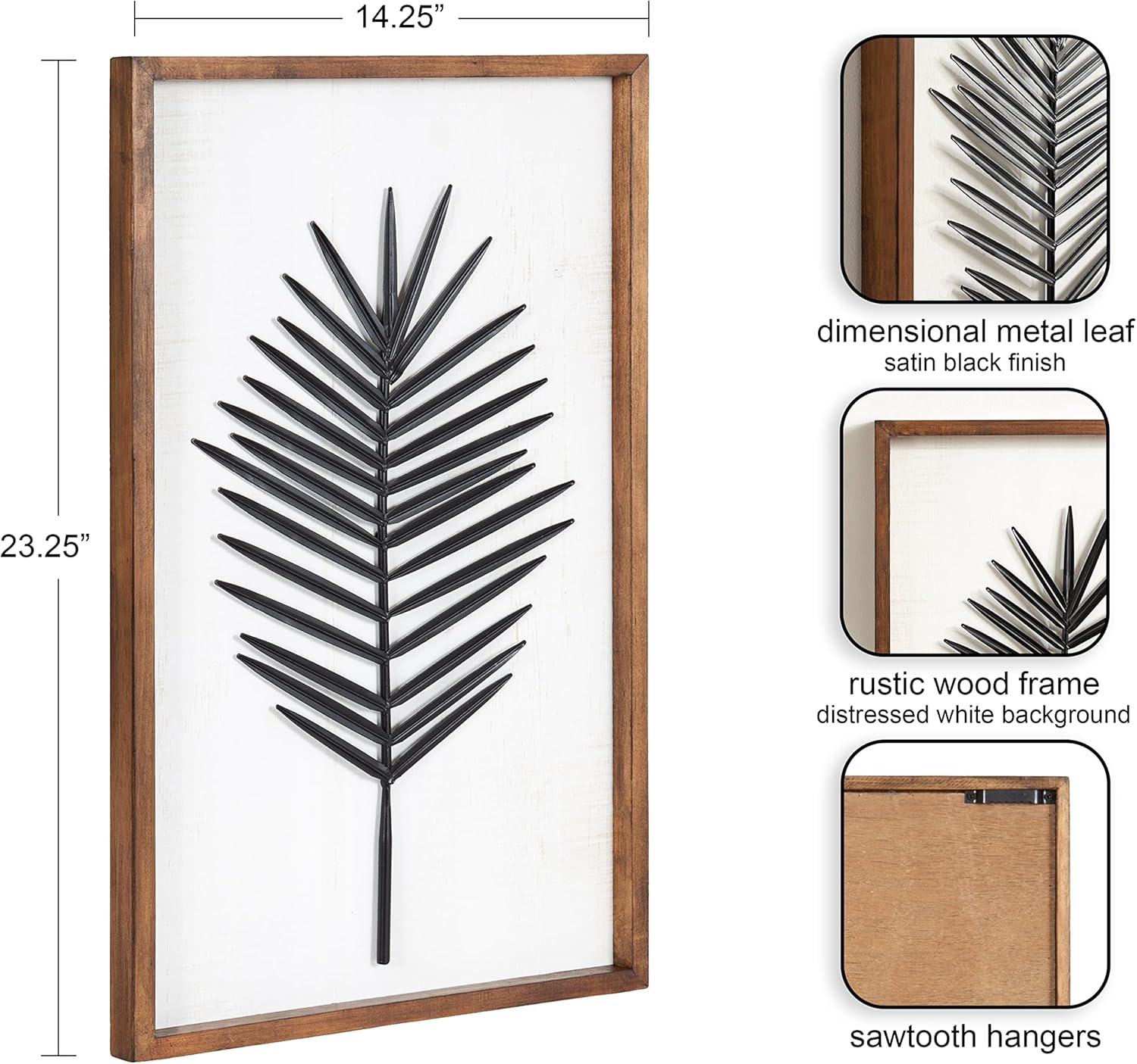 Kate and Laurel Pindo Modern Decorative Metal Leaf Wall Art Plaque with Wooden Frame 15x24 Rustic Brown