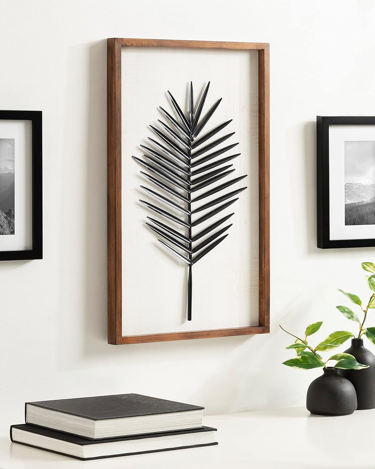Kate and Laurel Pindo Modern Decorative Metal Leaf Wall Art Plaque with Wooden Frame 15x24 Rustic Brown