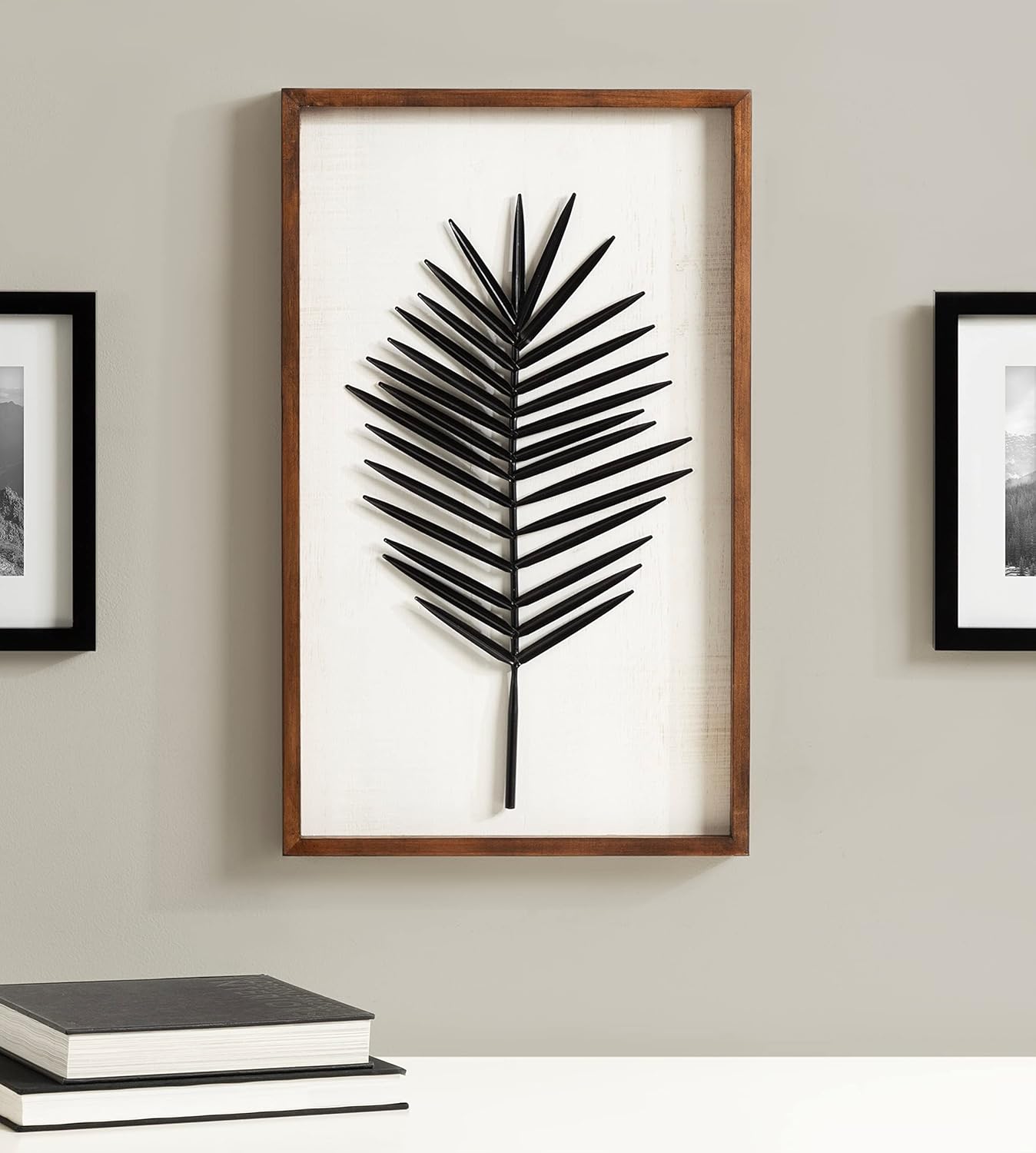 Kate and Laurel Pindo Modern Decorative Metal Leaf Wall Art Plaque with Wooden Frame 15x24 Rustic Brown