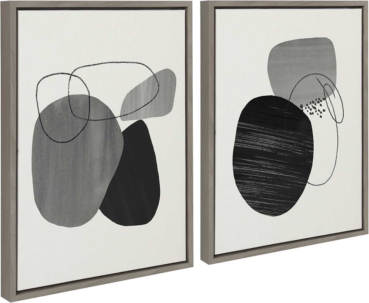 Kate and Laurel Sylvie Abstract Rocks Framed Linen Textured Canvas Wall Art Set by Teju Reval of SnazzyHues 2 Piece 18x24 Natural Black and White Abstract Print for WallGray