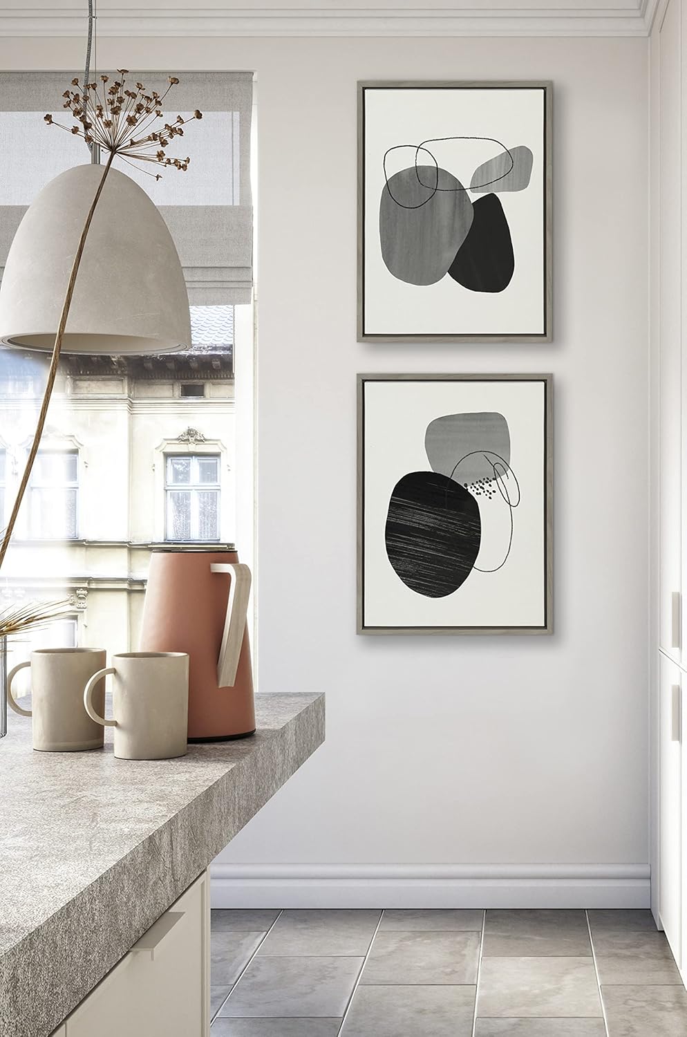 Kate and Laurel Sylvie Abstract Rocks Framed Linen Textured Canvas Wall Art Set by Teju Reval of SnazzyHues 2 Piece 18x24 Natural Black and White Abstract Print for WallGray