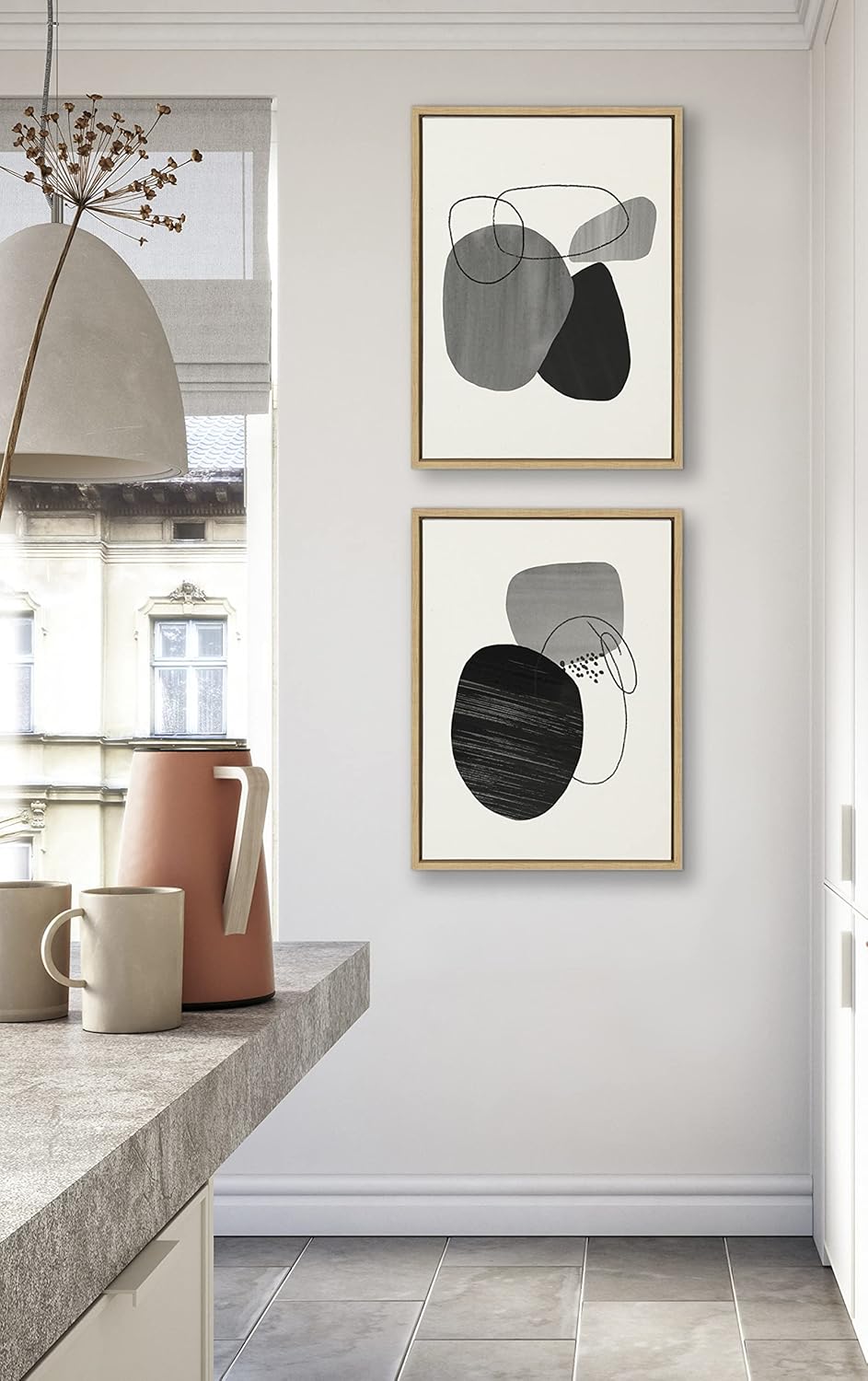 Kate and Laurel Sylvie Abstract Rocks Framed Linen Textured Canvas Wall Art Set by Teju Reval of SnazzyHues 2 Piece 18x24 Natural Black and White Abstract Print for WallNatural